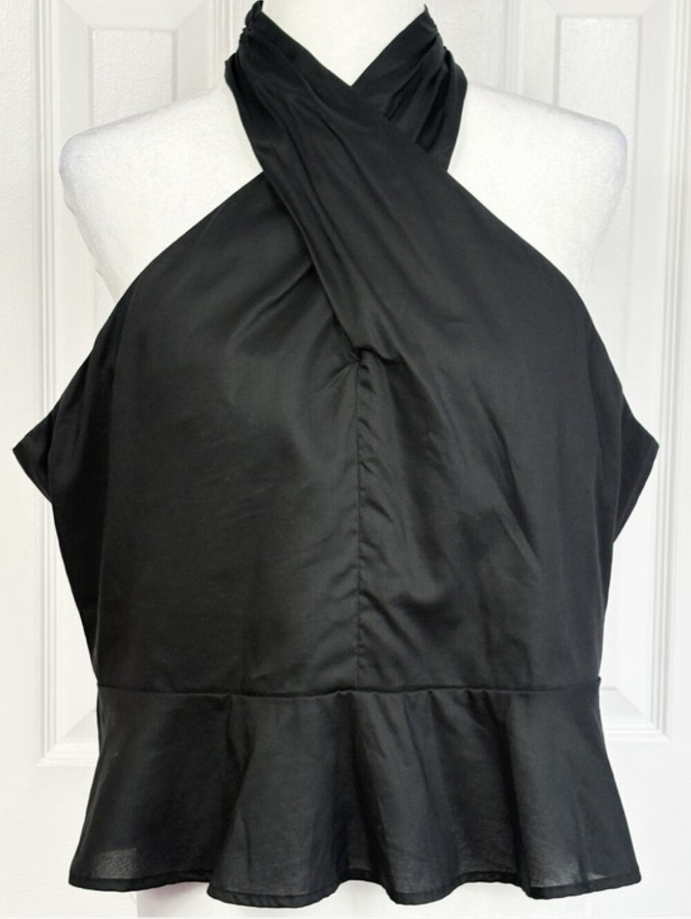 Ann Taylor Black Sleeveless Cross Front Halter Neck Peplum Top XLP